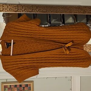 Brown / Mustard Cable Knit Cardigan Short Sleeved Sweater, Size M